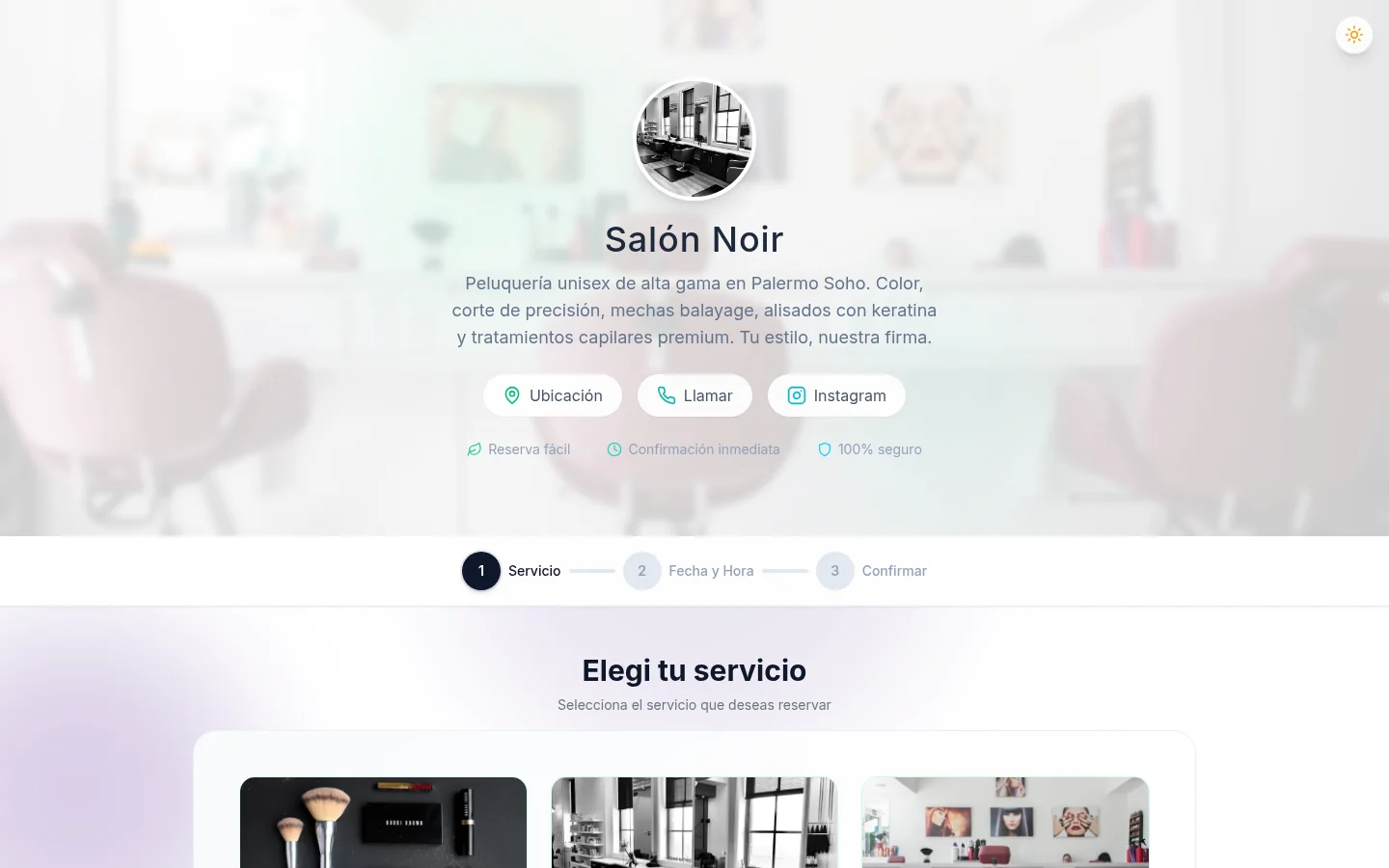 Salón Noir — página de reservas con servicios de peluquería y estética