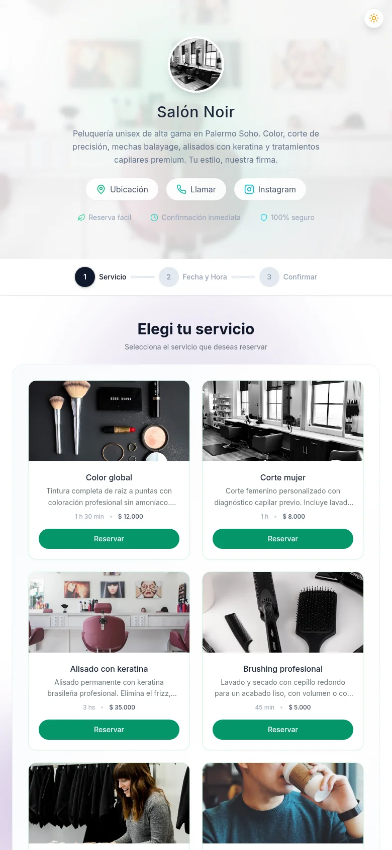 Página de reservas de salón de belleza en móvil