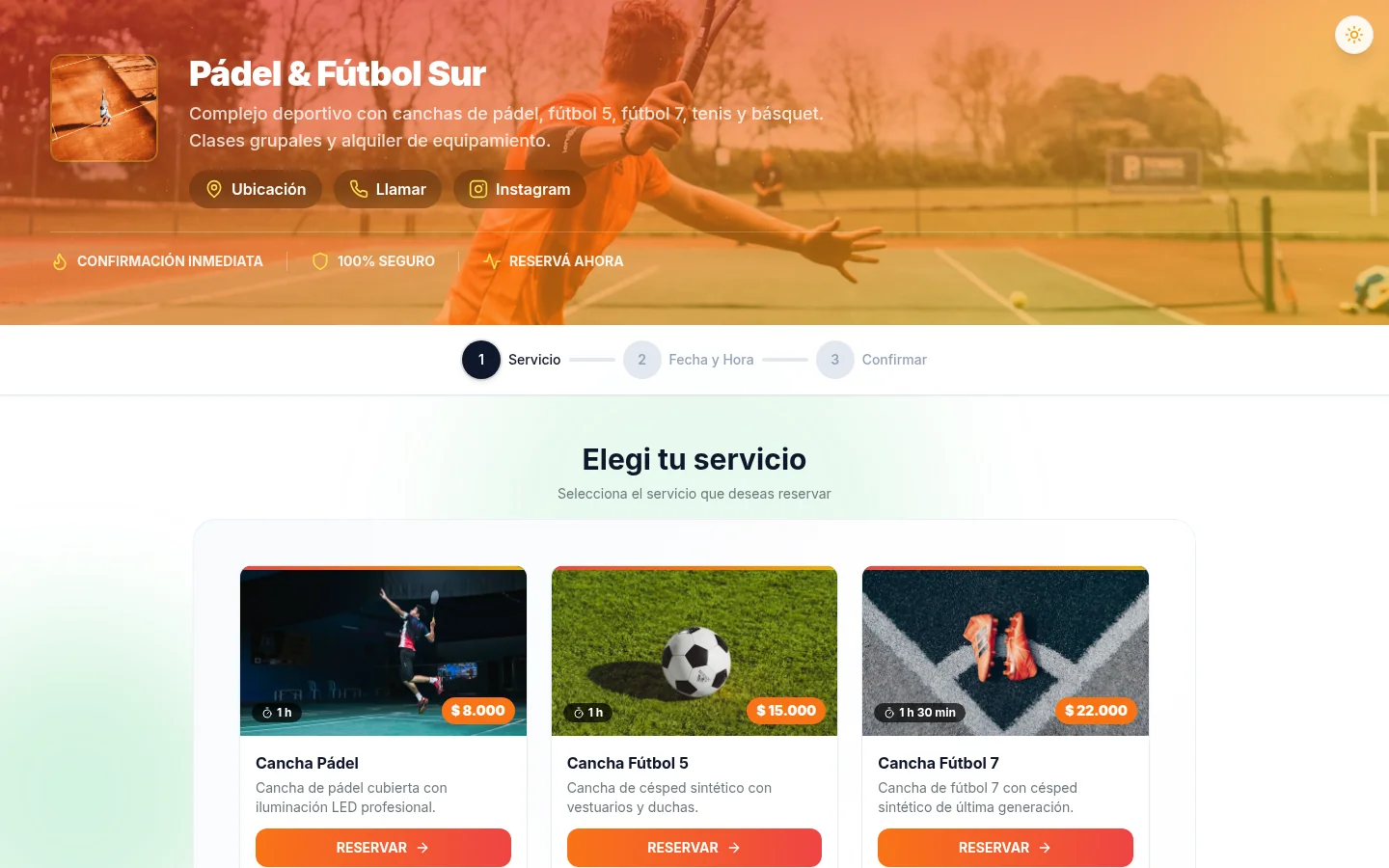 Pádel & Fútbol Sur — reservas de canchas con bloques horarios