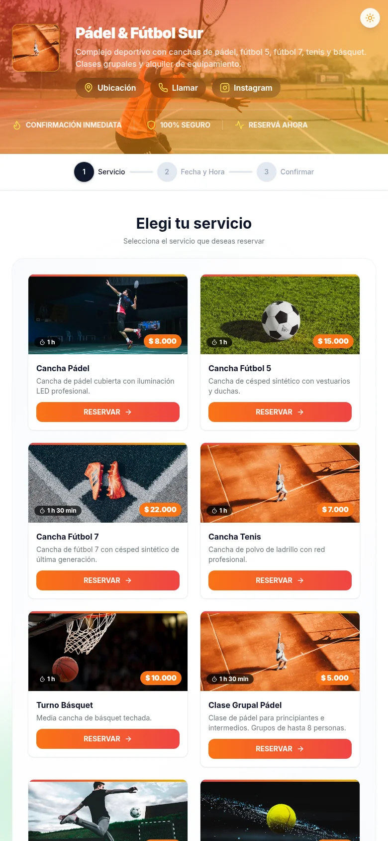 Complejo deportivo — vista móvil de reservas de canchas