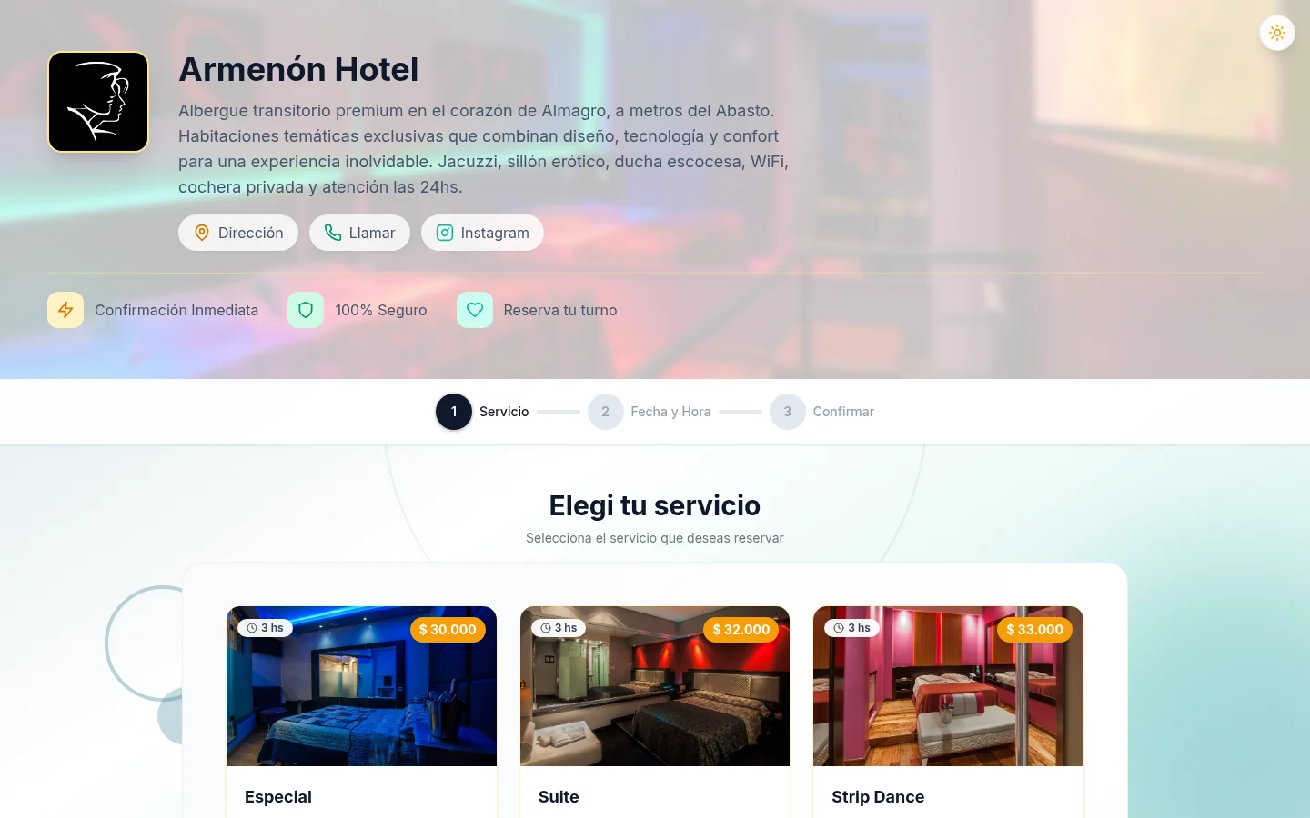 Armenón Hotel — reservas de habitaciones por turnos con bloques horarios
