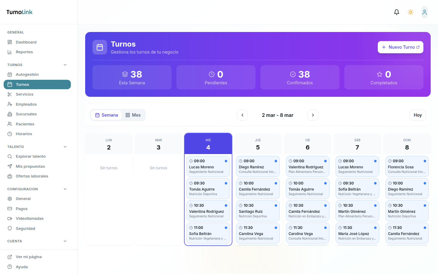Agenda semanal con 38 consultas distribuidas de miércoles a domingo — vista completa del consultorio