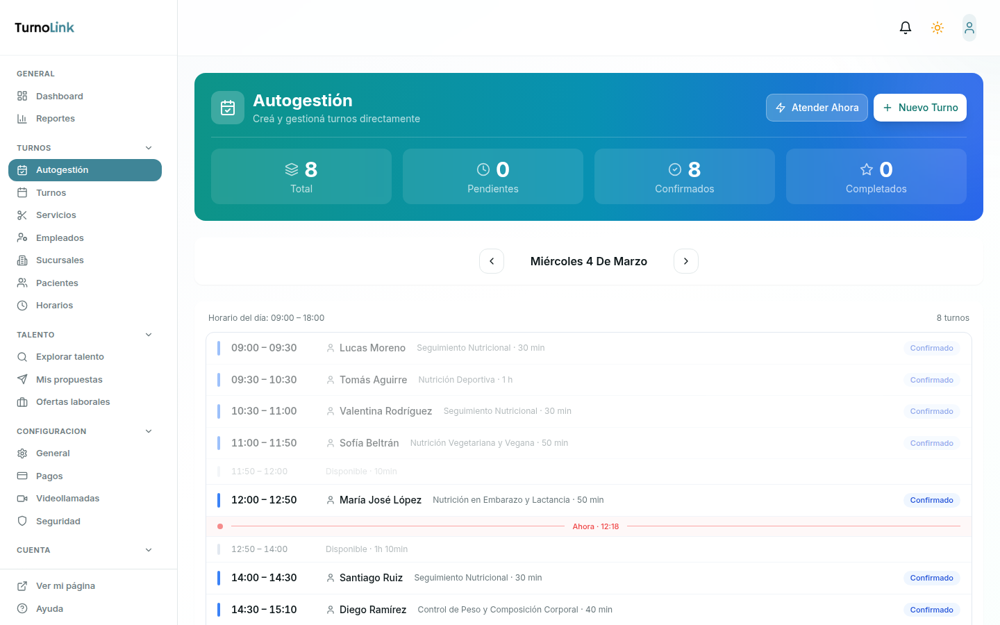 Vista de autogestión con turnos del día, horarios disponibles y gestión rápida de citas