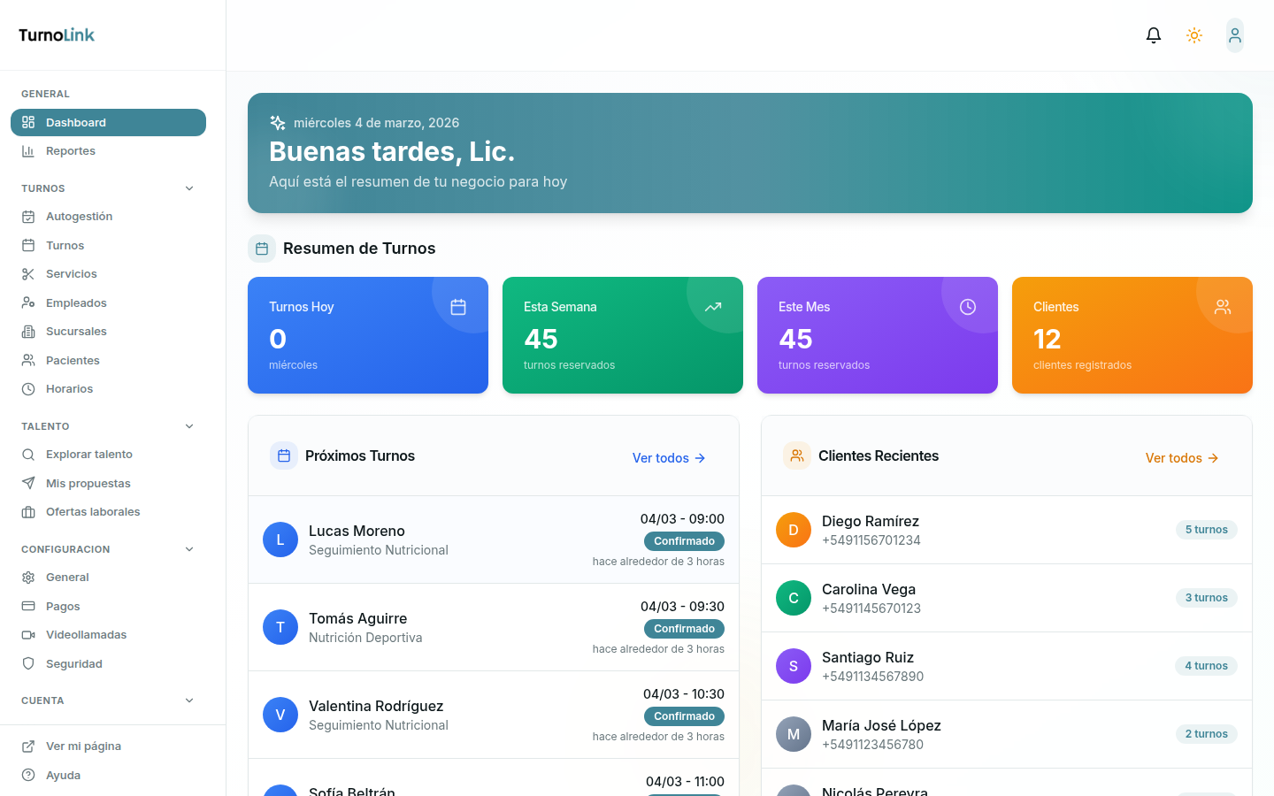Dashboard del consultorio de nutrición con métricas de turnos, pacientes recientes y próximos turnos del día