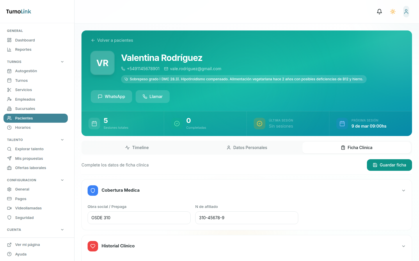 Ficha clínica nutricional con cobertura médica, historial clínico, alergias y datos de consulta