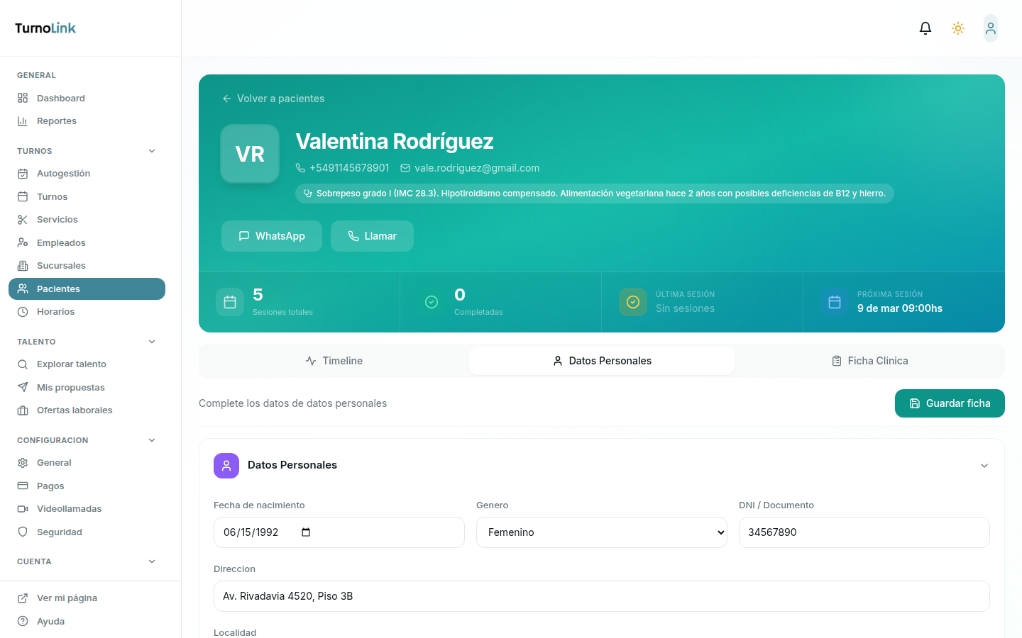 Datos personales del paciente con fecha de nacimiento, documento, dirección y contacto de emergencia