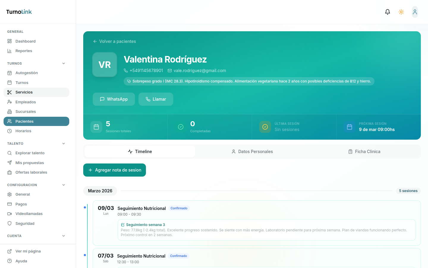 Ficha del paciente con timeline de sesiones, notas de seguimiento nutricional y evolución del tratamiento