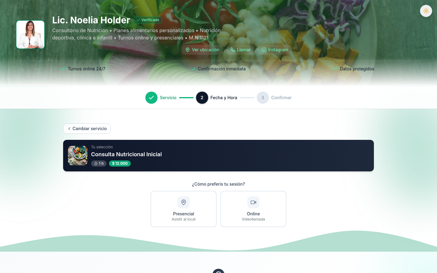 Selección de modalidad presencial u online para consulta nutricional con precio y duración