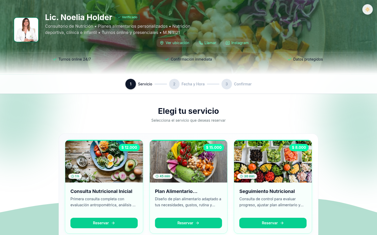 Página pública de reservas con 8 servicios de nutrición, precios y botones de reserva