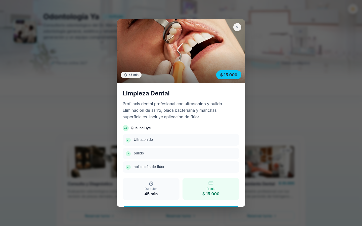 Detalle del servicio de limpieza dental con duración, precio y descripción