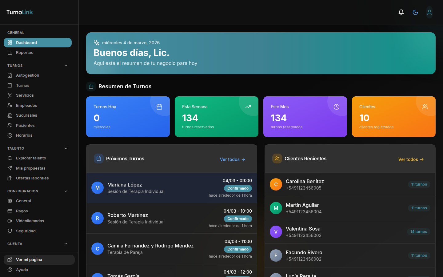 Dashboard del consultorio con métricas de turnos, pacientes atendidos y próximas sesiones