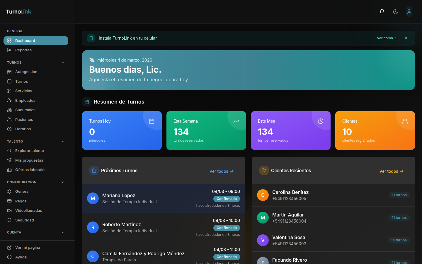 Dashboard del consultorio con métricas, próximos turnos y clientes recientes