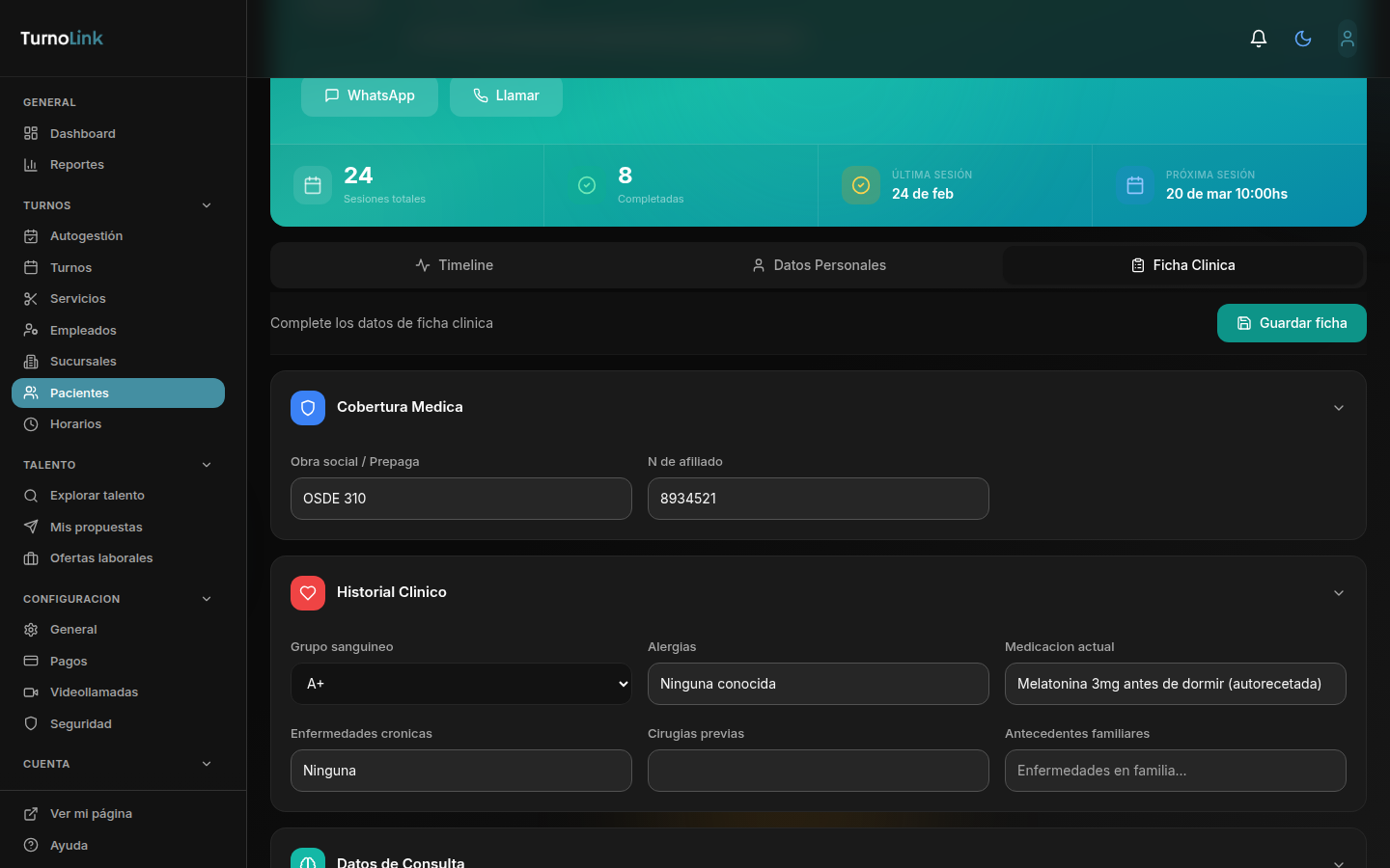 Ficha clínica completa con cobertura médica, historial clínico, alergias y medicación