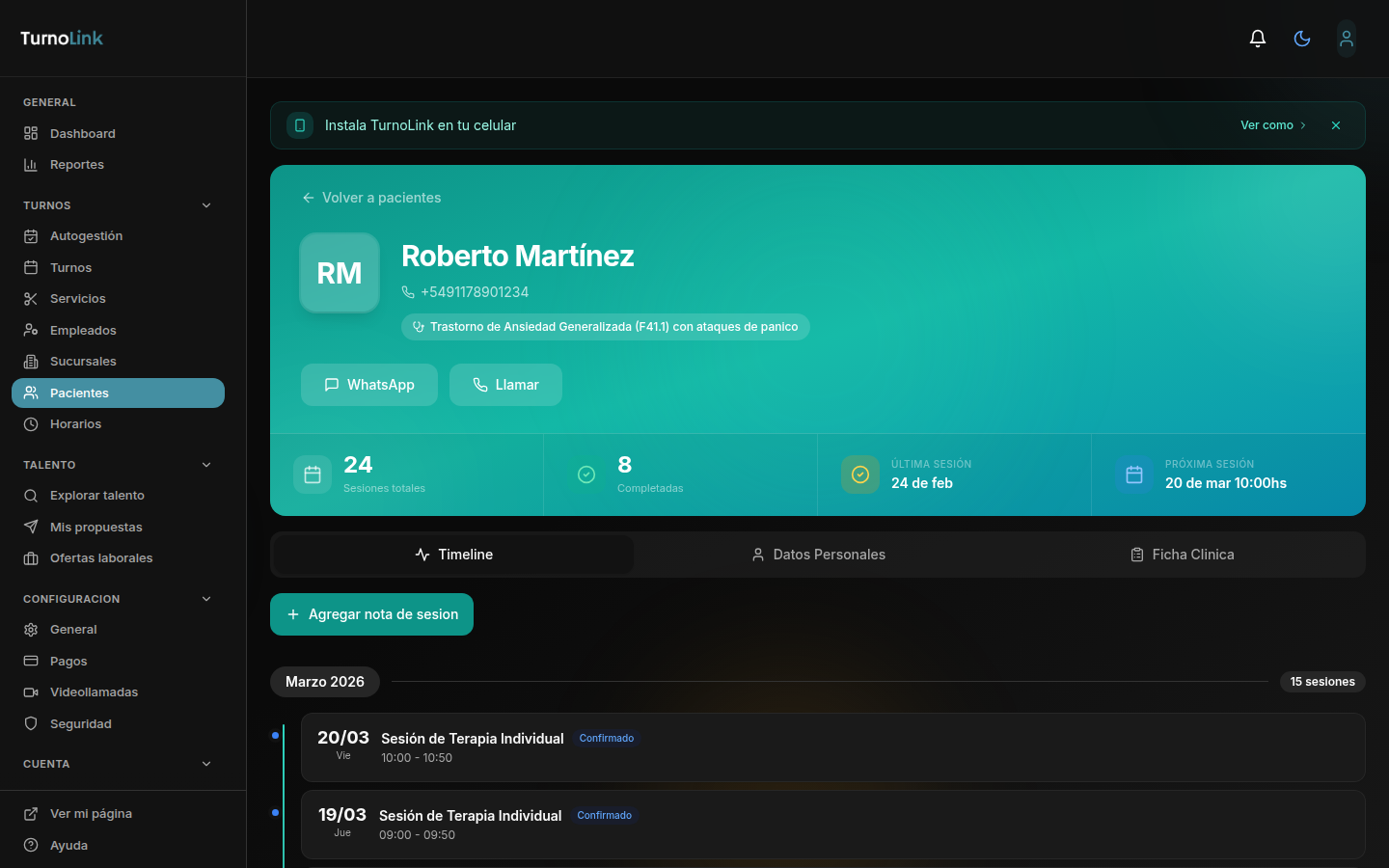 Ficha del paciente con 24 sesiones, diagnóstico y pestañas de navegación