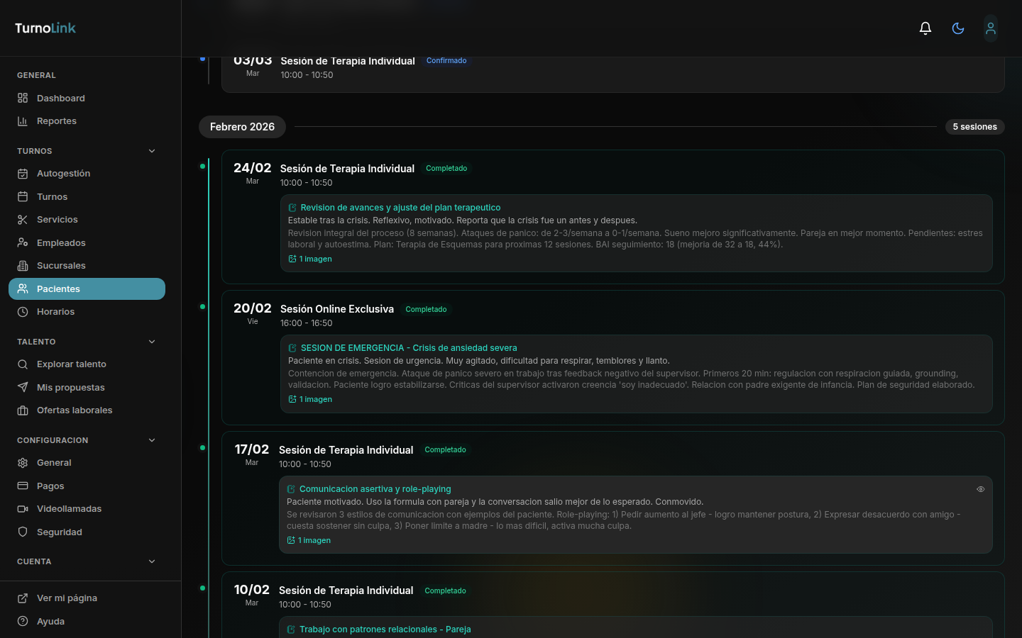 Notas clínicas con contenido de sesiones — estado emocional, objetivos y tareas
