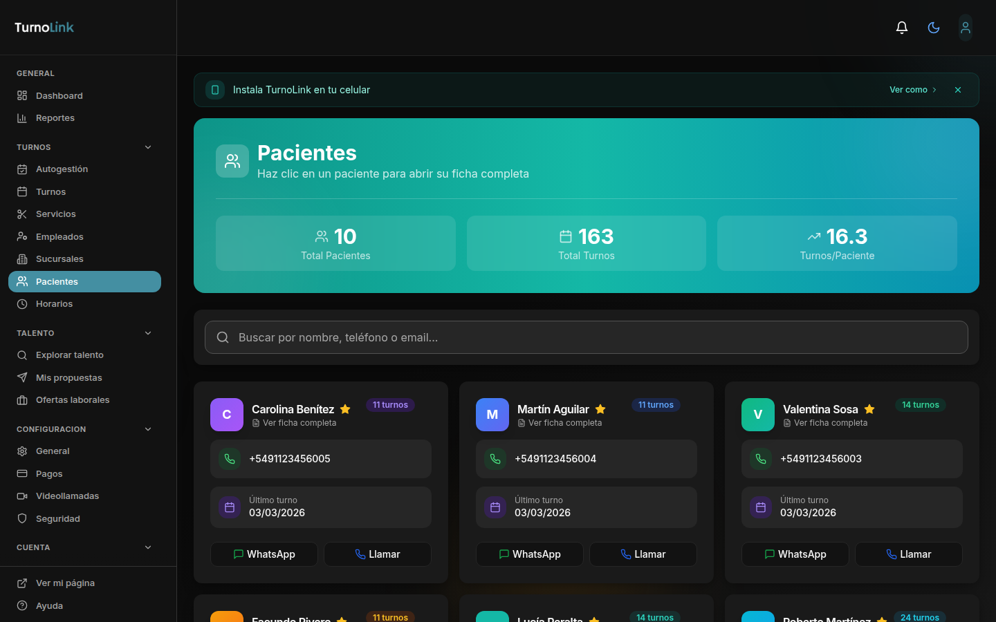 Directorio de pacientes con fichas individuales, datos de contacto y sesiones realizadas