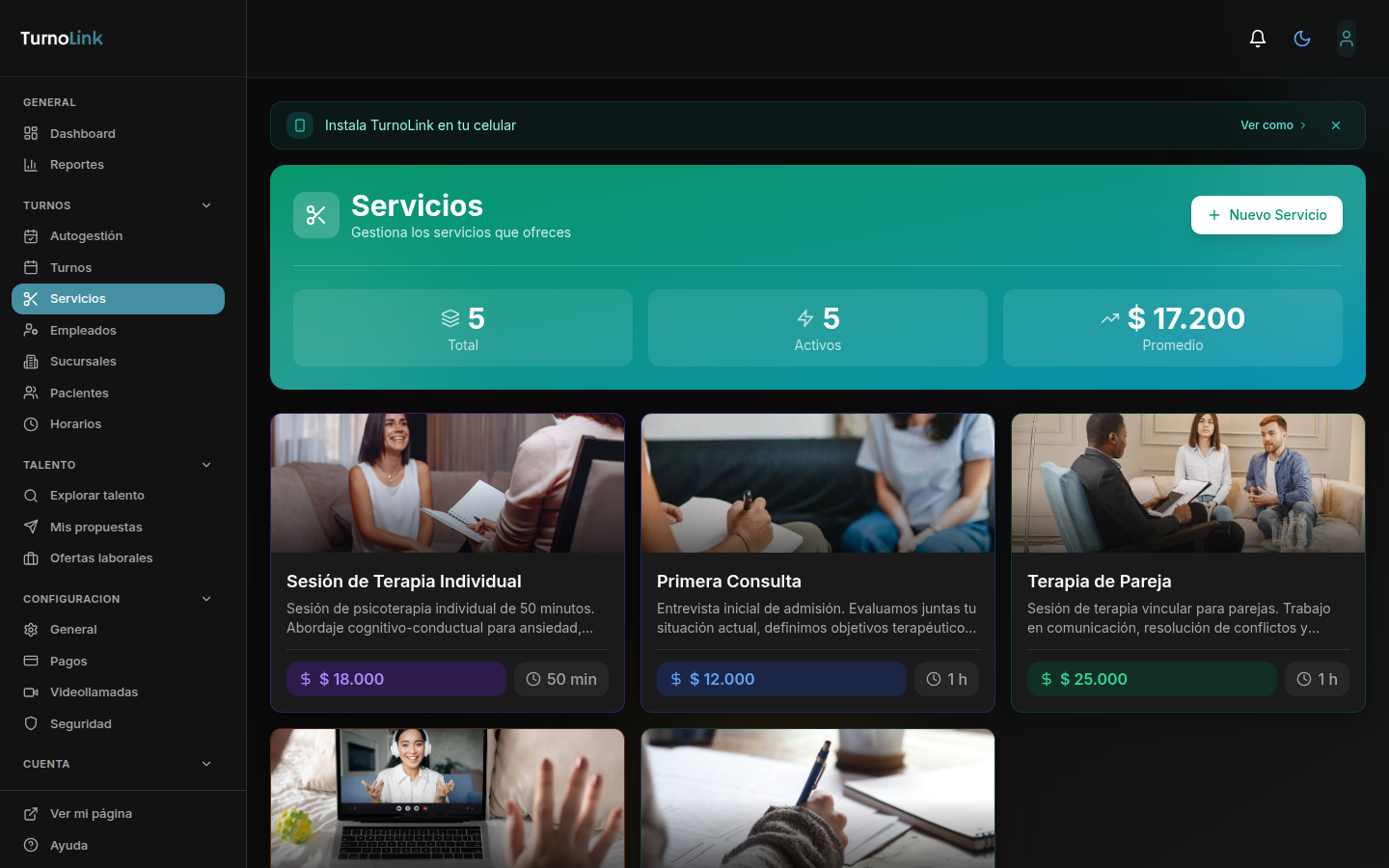 Página de servicios con 5 tipos de sesión configurados con fotos y precios