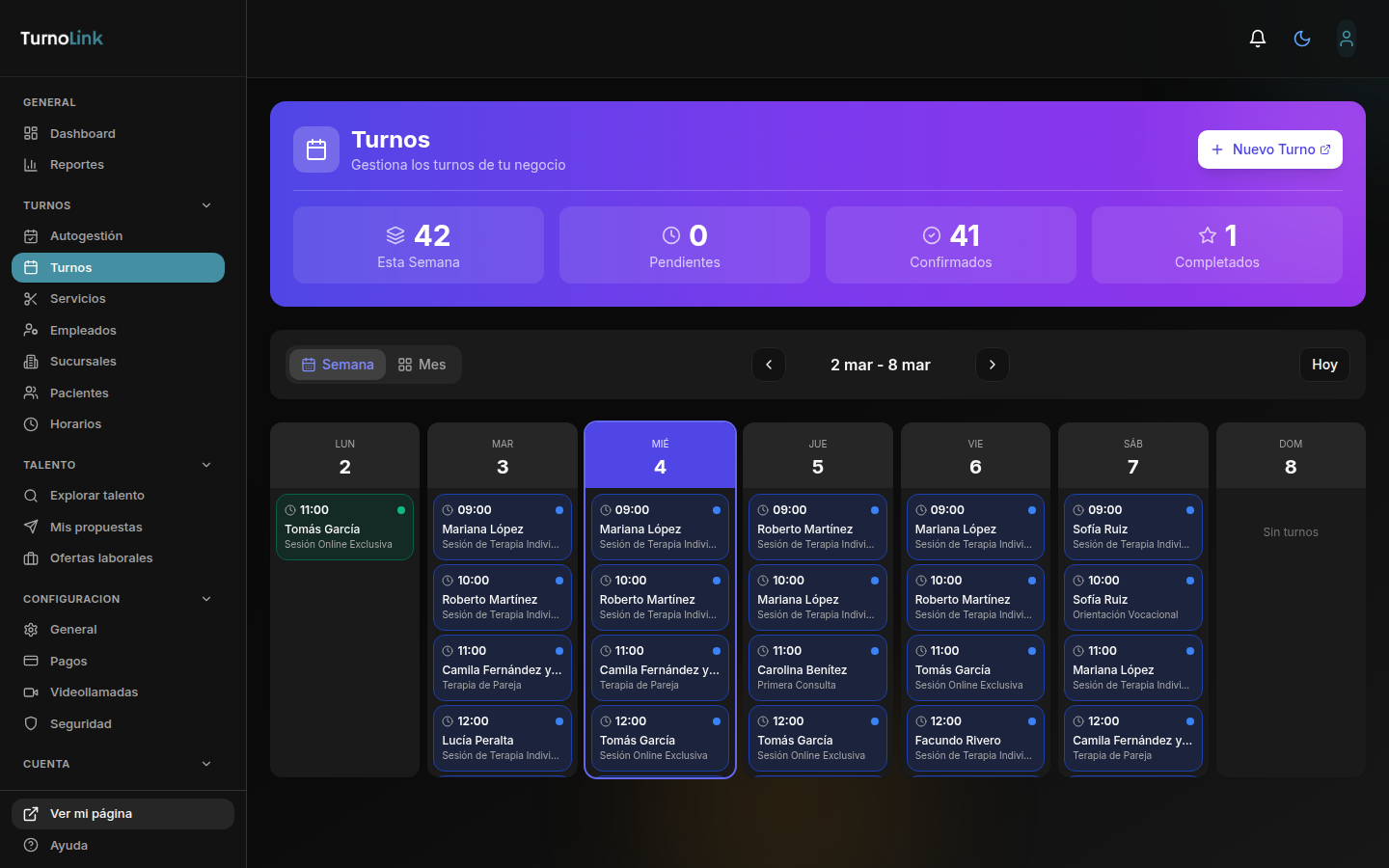 Agenda semanal de psicología — vista completa del sistema de turnos con sesiones distribuidas en la semana